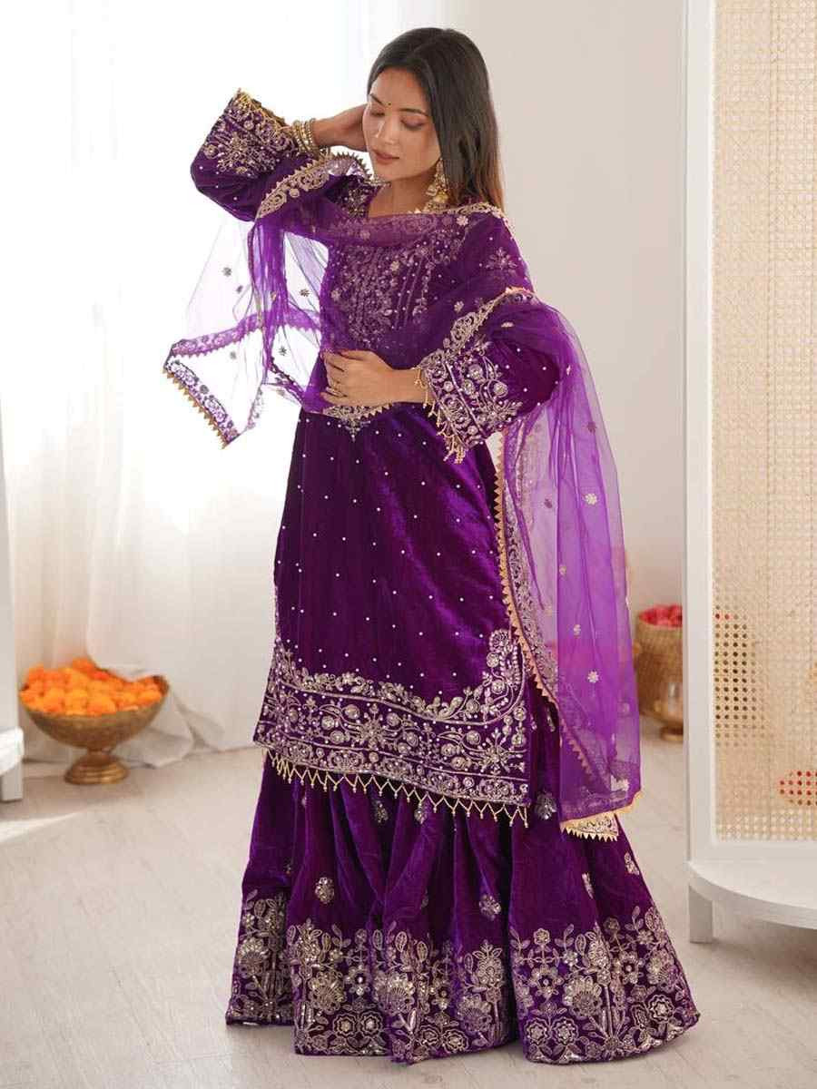 Purple Heavy Viscose Velvet Embroidery Party Wedding Festival Casual Ready Sharara Pant Salwar Kameez