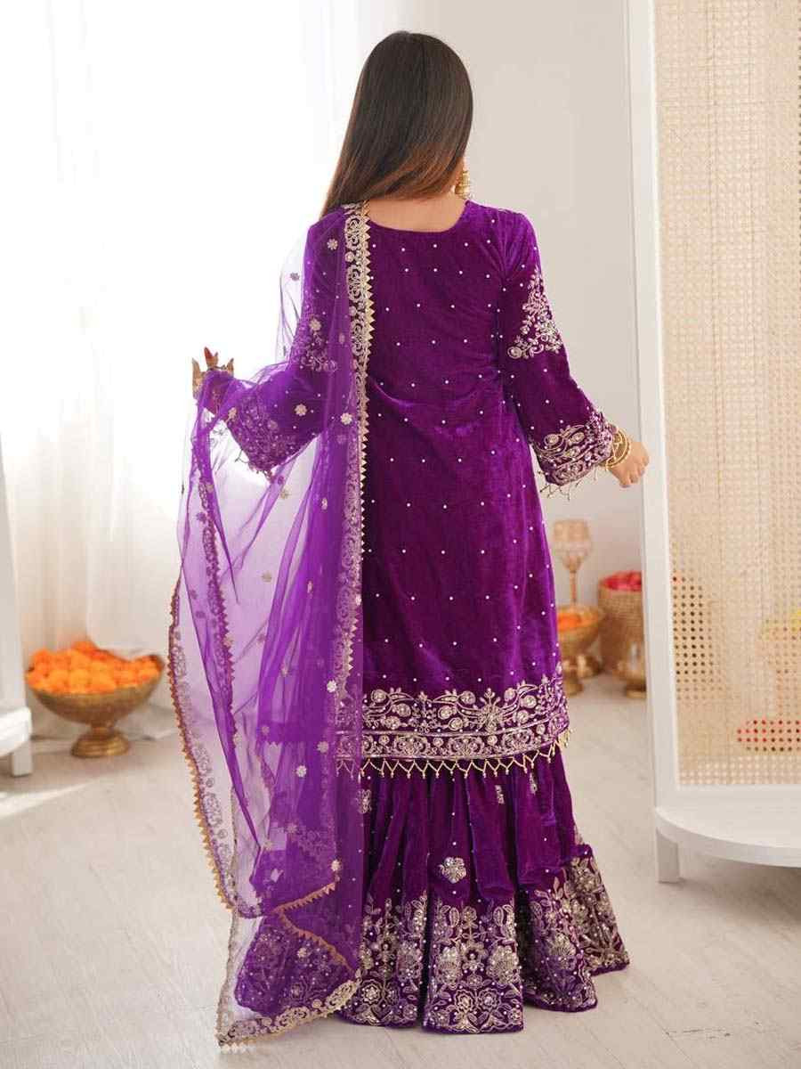 Purple Heavy Viscose Velvet Embroidery Party Wedding Festival Casual Ready Sharara Pant Salwar Kameez