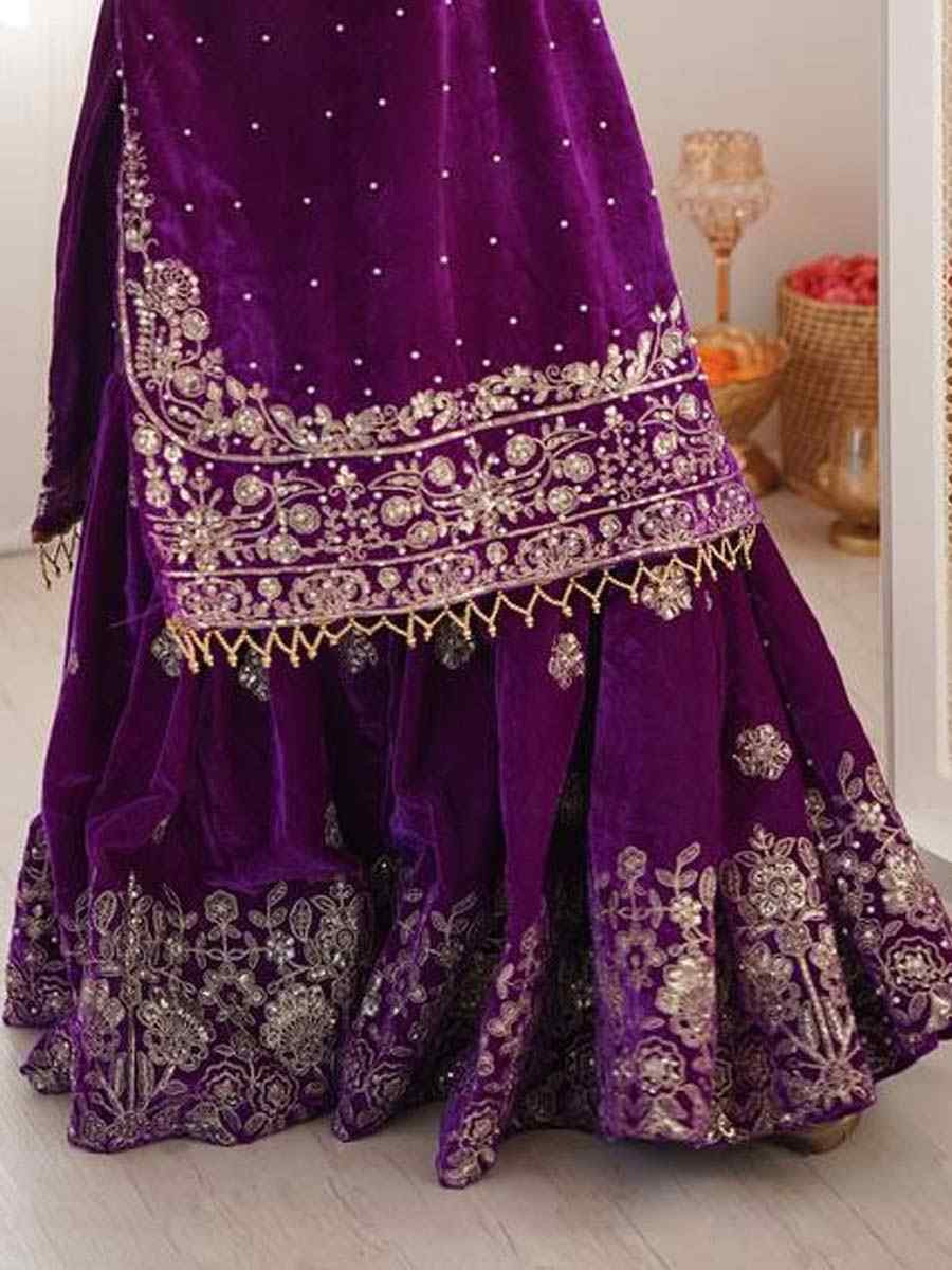 Purple Heavy Viscose Velvet Embroidery Party Wedding Festival Casual Ready Sharara Pant Salwar Kameez
