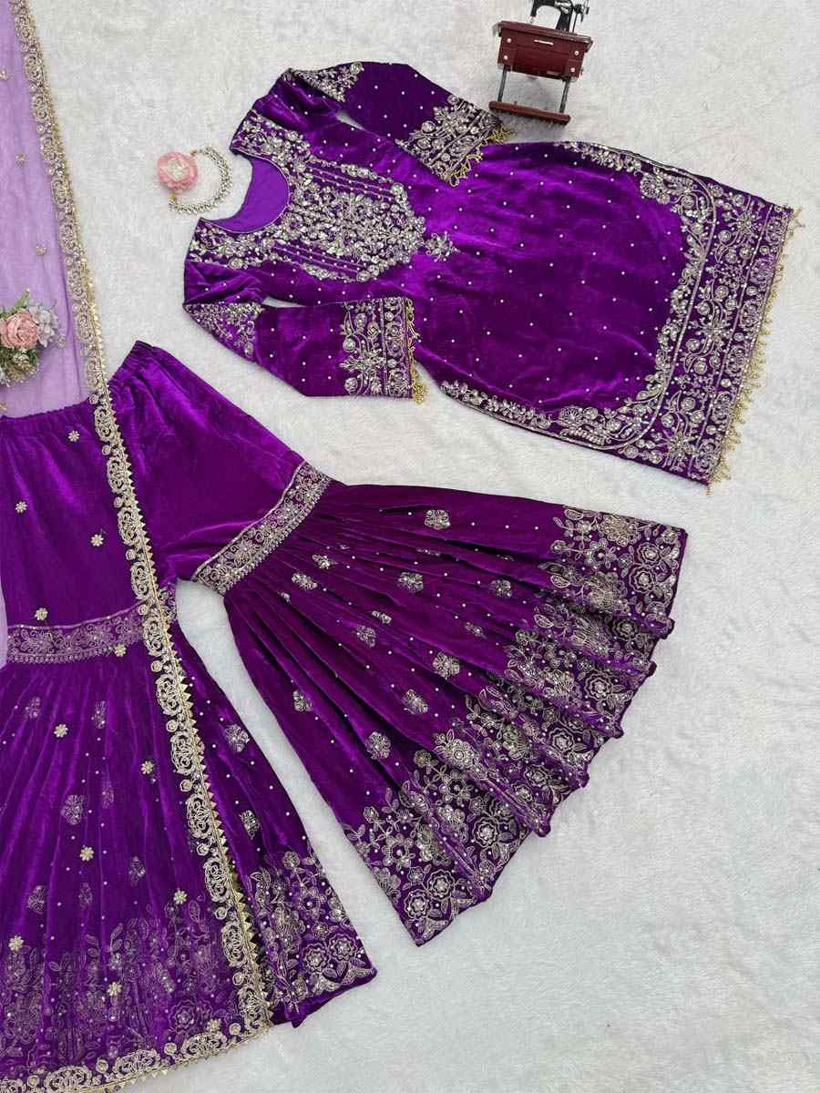 Purple Heavy Viscose Velvet Embroidery Party Wedding Festival Casual Ready Sharara Pant Salwar Kameez