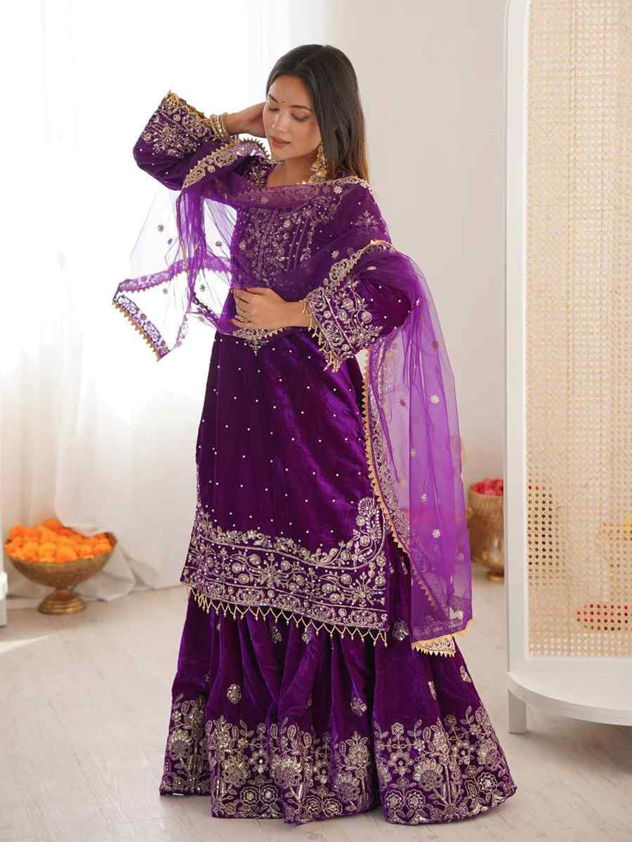 Purple Heavy Viscose Velvet Embroidery Party Wedding Festival Casual Ready Sharara Pant Salwar Kameez