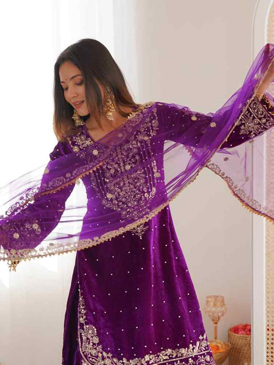 Purple Heavy Viscose Velvet Embroidery Party Wedding Festival Casual Ready Sharara Pant Salwar Kameez