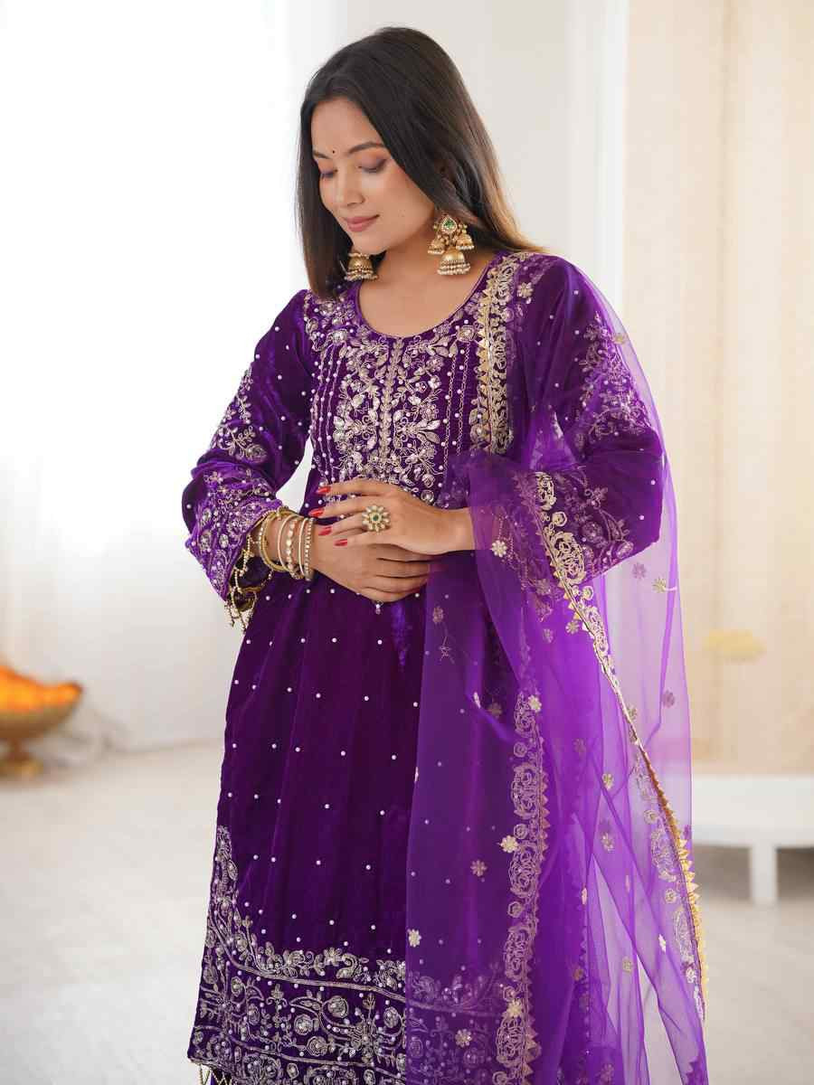 Purple Heavy Viscose Velvet Embroidery Party Wedding Festival Casual Ready Sharara Pant Salwar Kameez