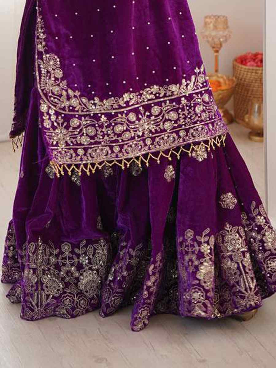 Purple Heavy Viscose Velvet Embroidery Party Wedding Festival Casual Ready Sharara Pant Salwar Kameez