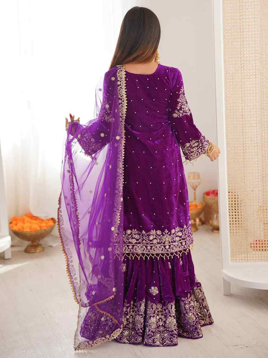 Purple Heavy Viscose Velvet Embroidery Party Wedding Festival Casual Ready Sharara Pant Salwar Kameez