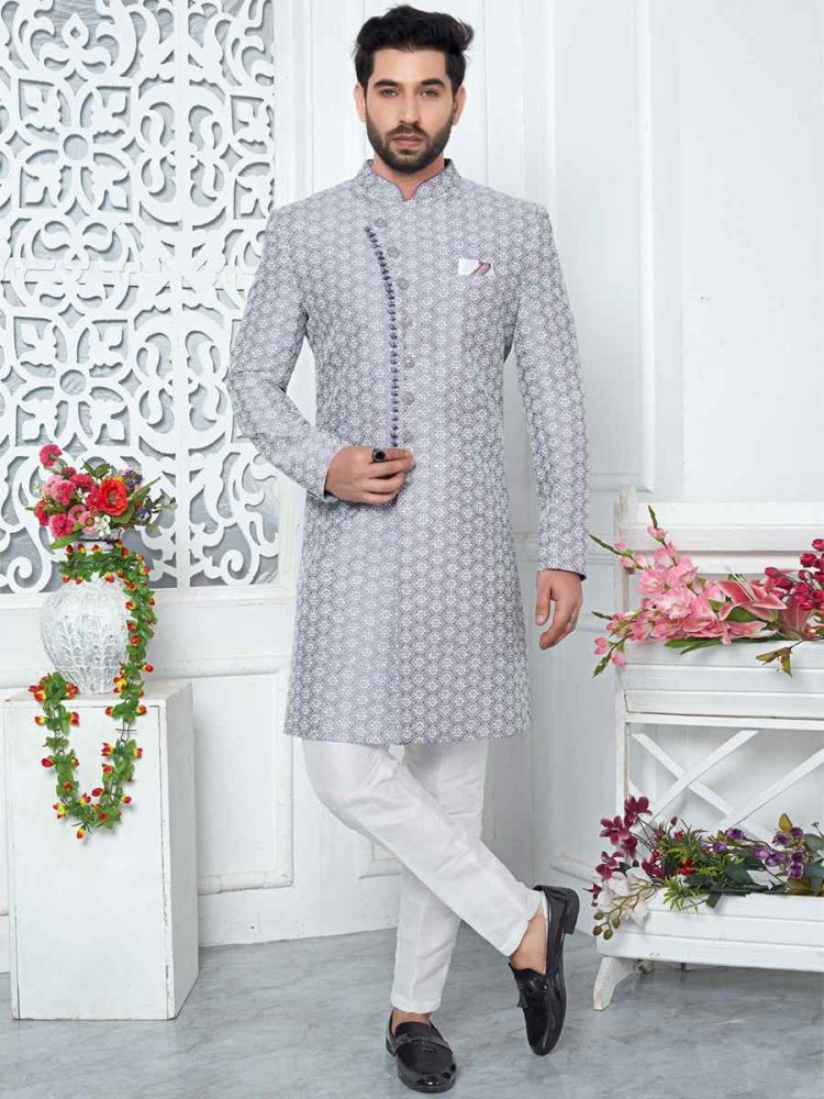 Purple Jacquard Silk Embroidered Groom Wedding Sherwani