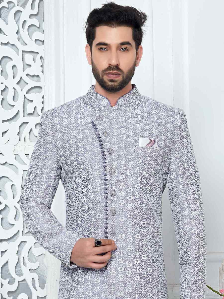 Purple Jacquard Silk Embroidered Groom Wedding Sherwani
