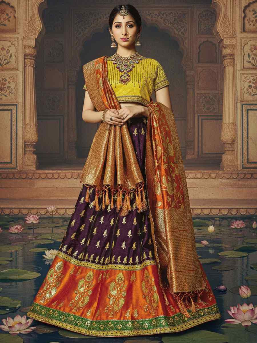 Purple Jacquard Weaved Silk Embroidered Wedding Reception Festival Heavy Border Lehenga Choli