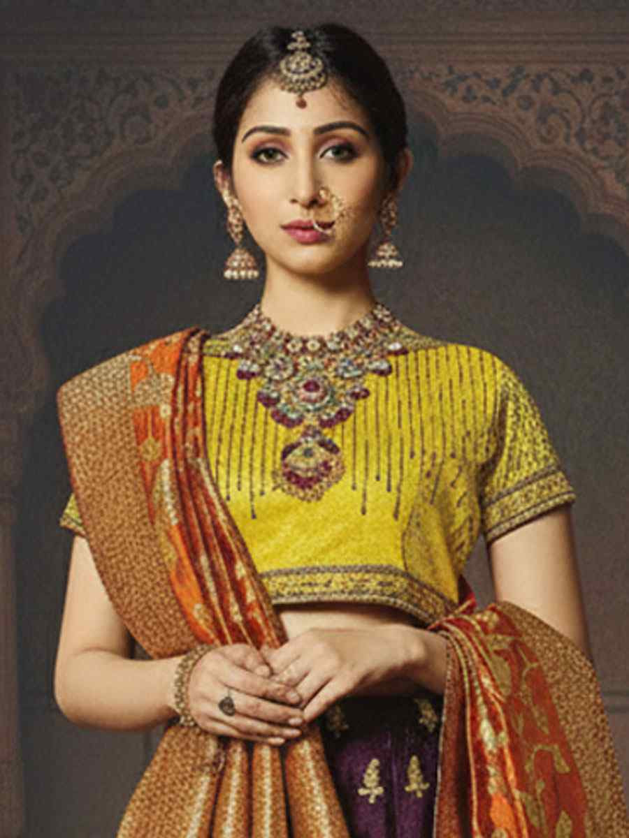 Purple Jacquard Weaved Silk Embroidered Wedding Reception Festival Heavy Border Lehenga Choli