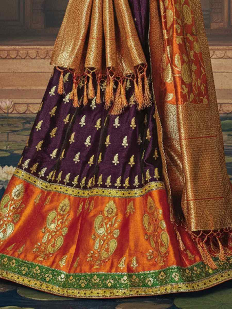Purple Jacquard Weaved Silk Embroidered Wedding Reception Festival Heavy Border Lehenga Choli