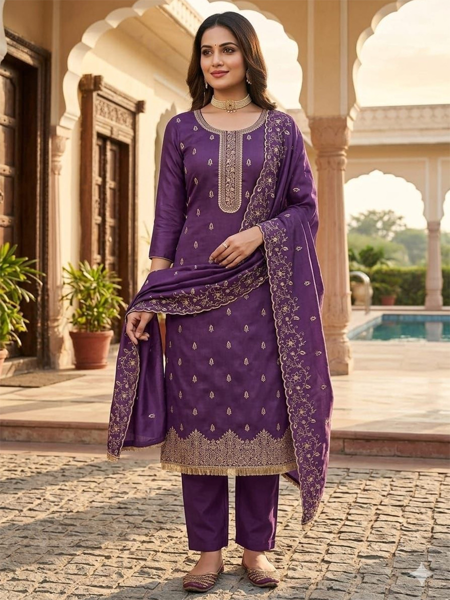Purple Jalpari Silk Embroidery Wedding Party Festival Casual Pant Salwar Kameez
