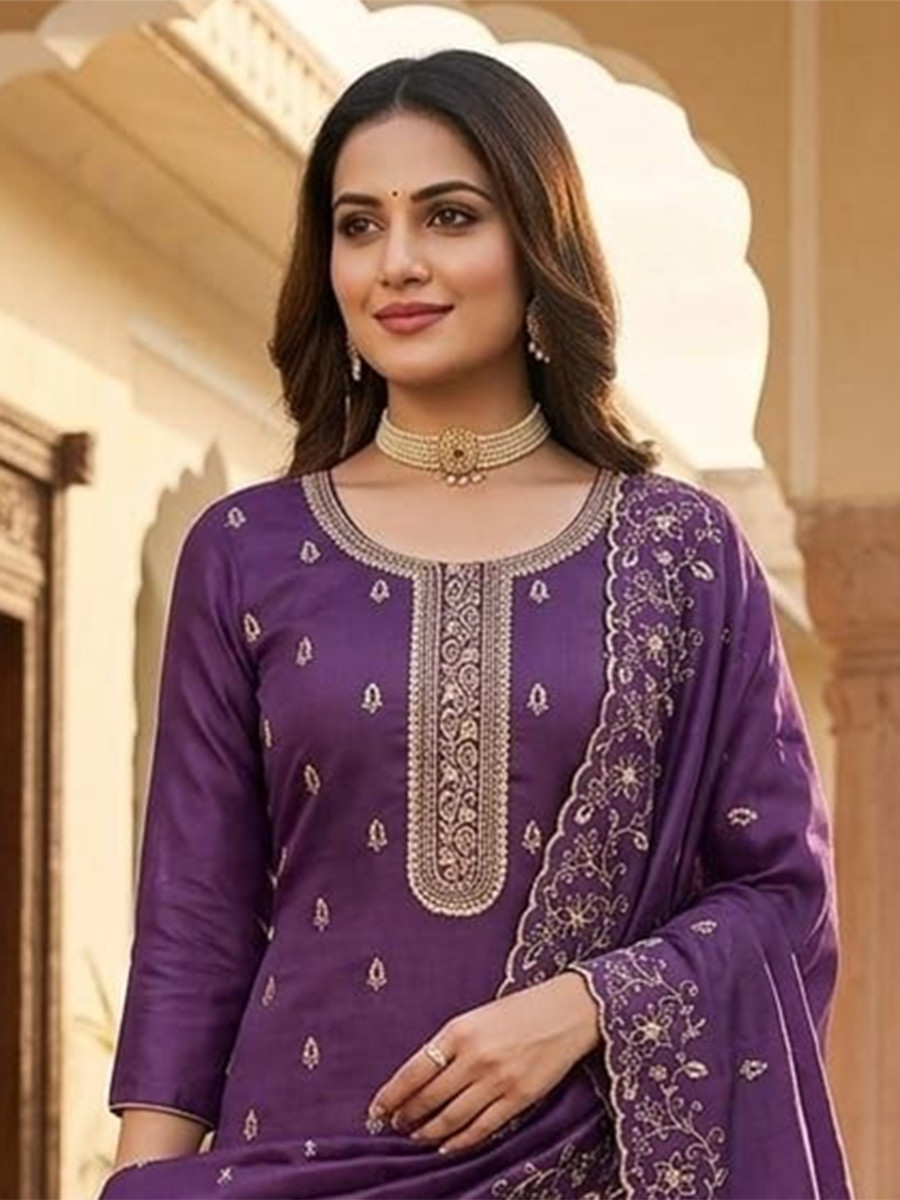 Purple Jalpari Silk Embroidery Wedding Party Festival Casual Pant Salwar Kameez