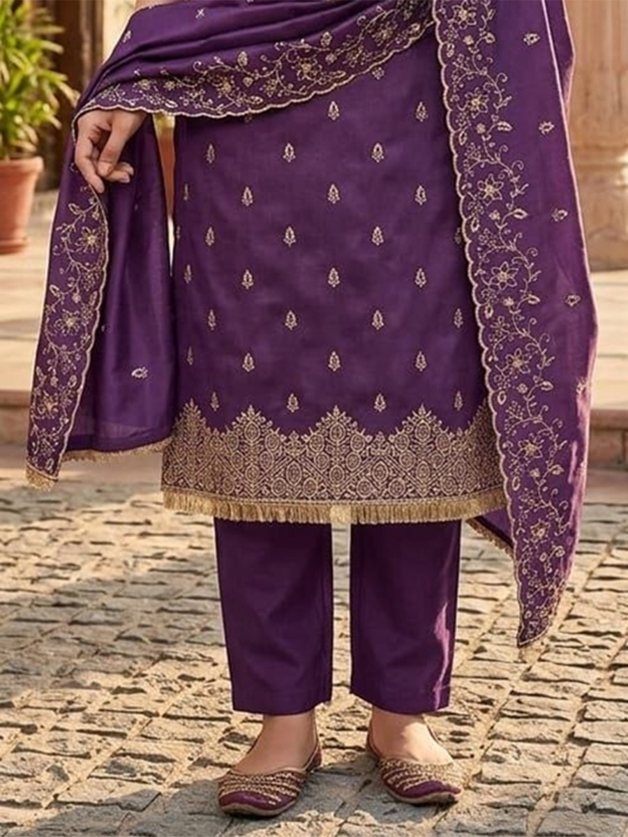 Purple Jalpari Silk Embroidery Wedding Party Festival Casual Pant Salwar Kameez