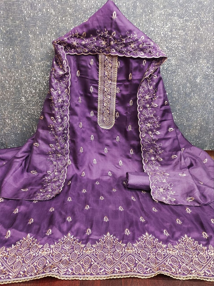 Purple Jalpari Silk Embroidery Wedding Party Festival Casual Pant Salwar Kameez