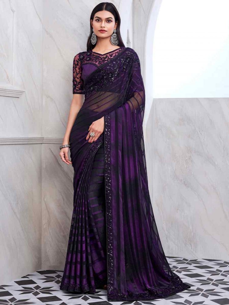 Purple Jamun Pattern Silk Embroidered Bridesmaid Reception Heavy Border Saree