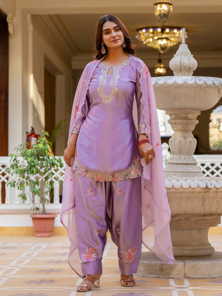 Purple Japan Satin Embroidery Wedding Party Festival Casual Ready Palazzo Pant Salwar Kameez
