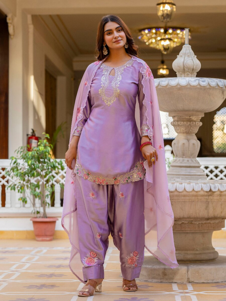 Image of Purple Japan Satin Embroidery Wedding Party Festival Casual Ready Palazzo Pant Salwar Kameez