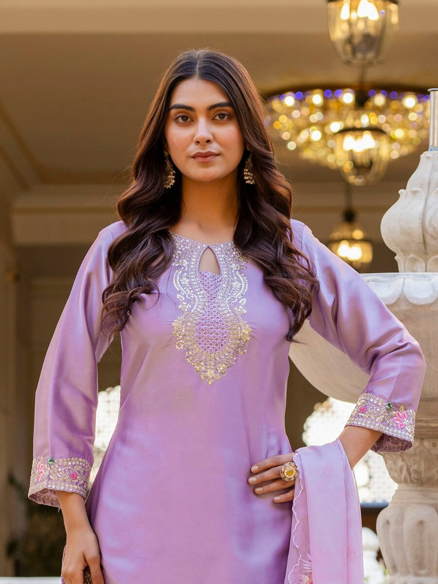 Purple Japan Satin Embroidery Wedding Party Festival Casual Ready Palazzo Pant Salwar Kameez