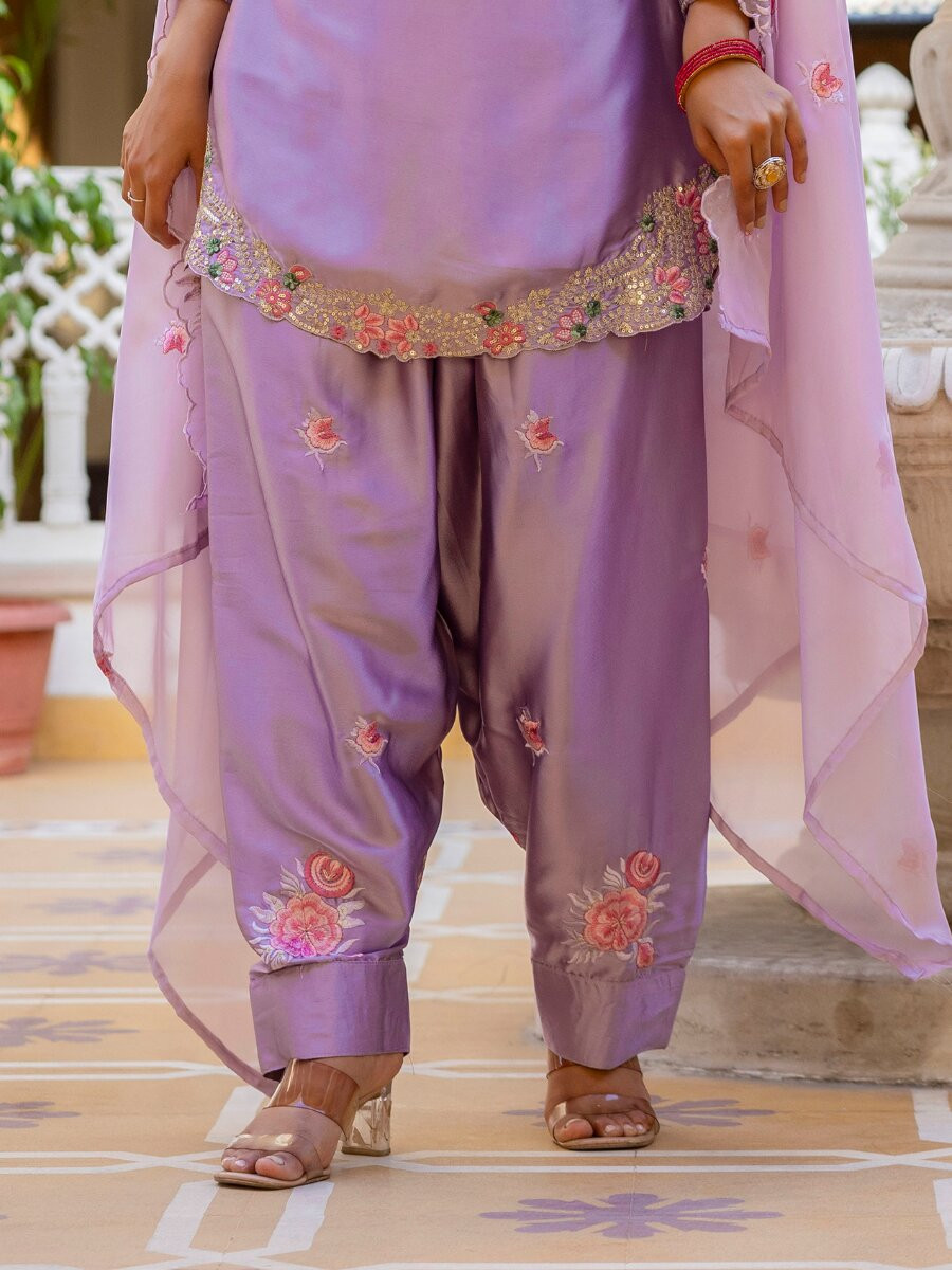 Purple Japan Satin Embroidery Wedding Party Festival Casual Ready Palazzo Pant Salwar Kameez