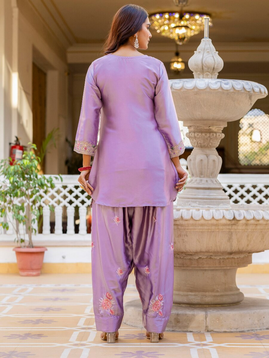 Purple Japan Satin Embroidery Wedding Party Festival Casual Ready Palazzo Pant Salwar Kameez