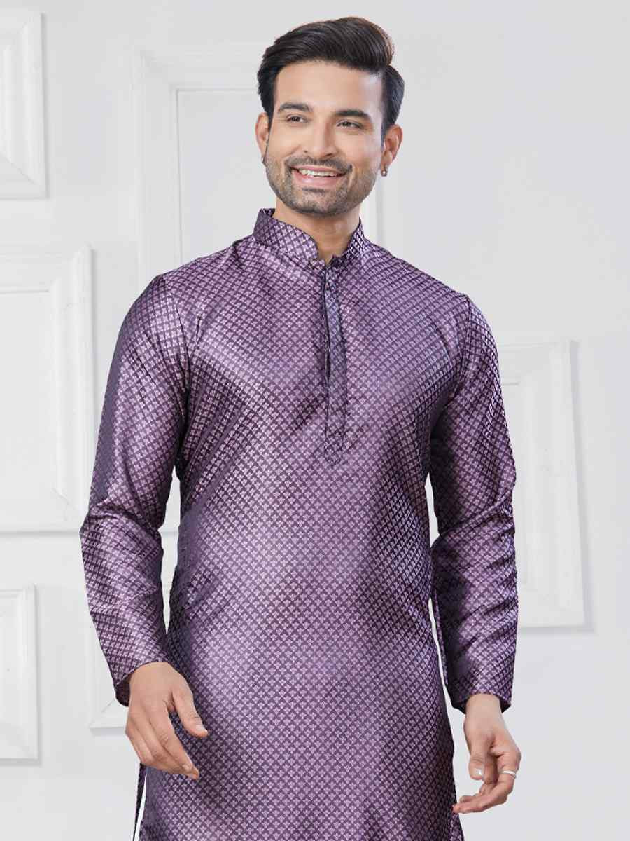 Purple Jecquard Silk With Digital Print Festival Casual Kurta