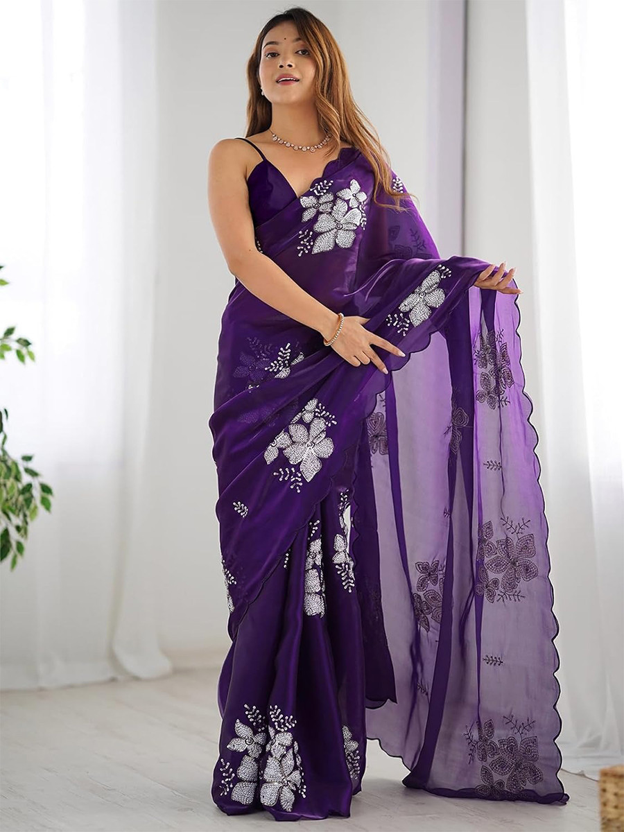 Purple Jimmy Choo Organza Embroidery Sequins Wedding Reception Party Festival Casual Heavy Border Sarees