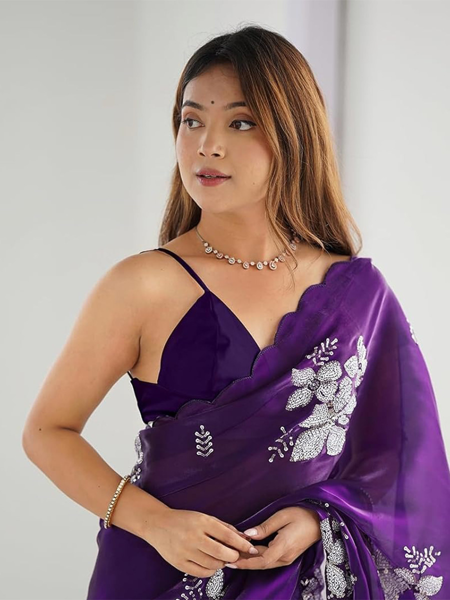Purple Jimmy Choo Organza Embroidery Sequins Wedding Reception Party Festival Casual Heavy Border Sarees