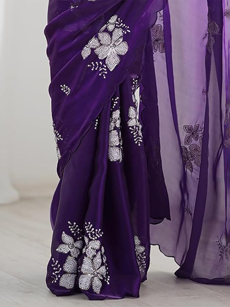 Purple Jimmy Choo Organza Embroidery Sequins Wedding Reception Party Festival Casual Heavy Border Sarees