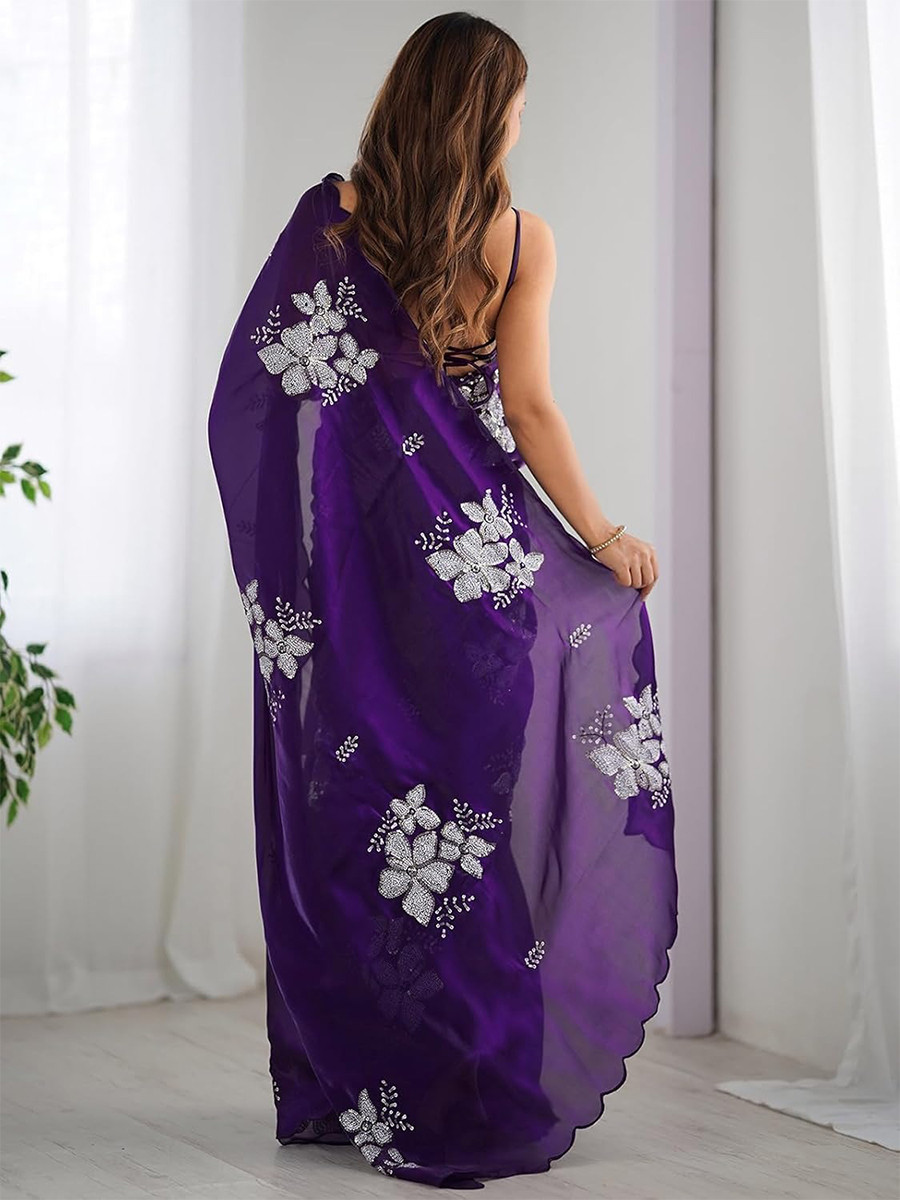 Purple Jimmy Choo Organza Embroidery Sequins Wedding Reception Party Festival Casual Heavy Border Sarees