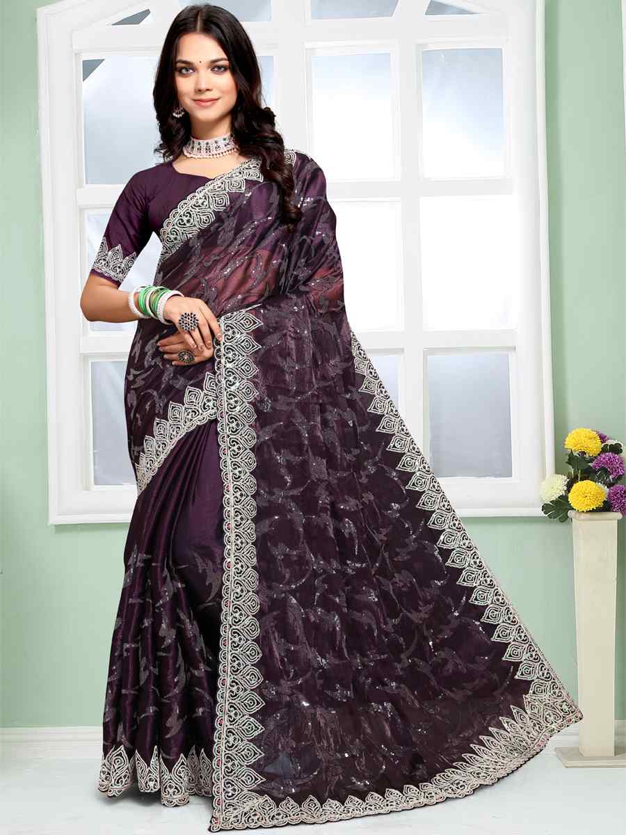 Purple Jimmy Choo Silk Embroidery Party Reception Heavy Border Saree