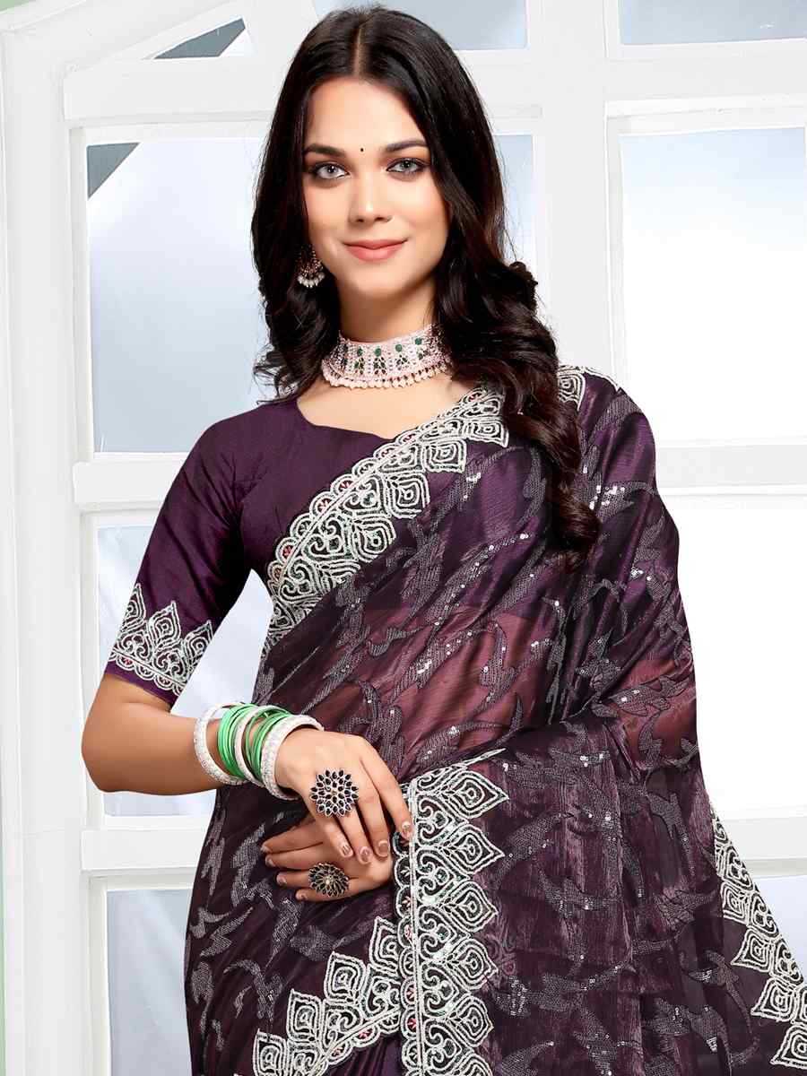 Purple Jimmy Choo Silk Embroidery Party Reception Heavy Border Saree