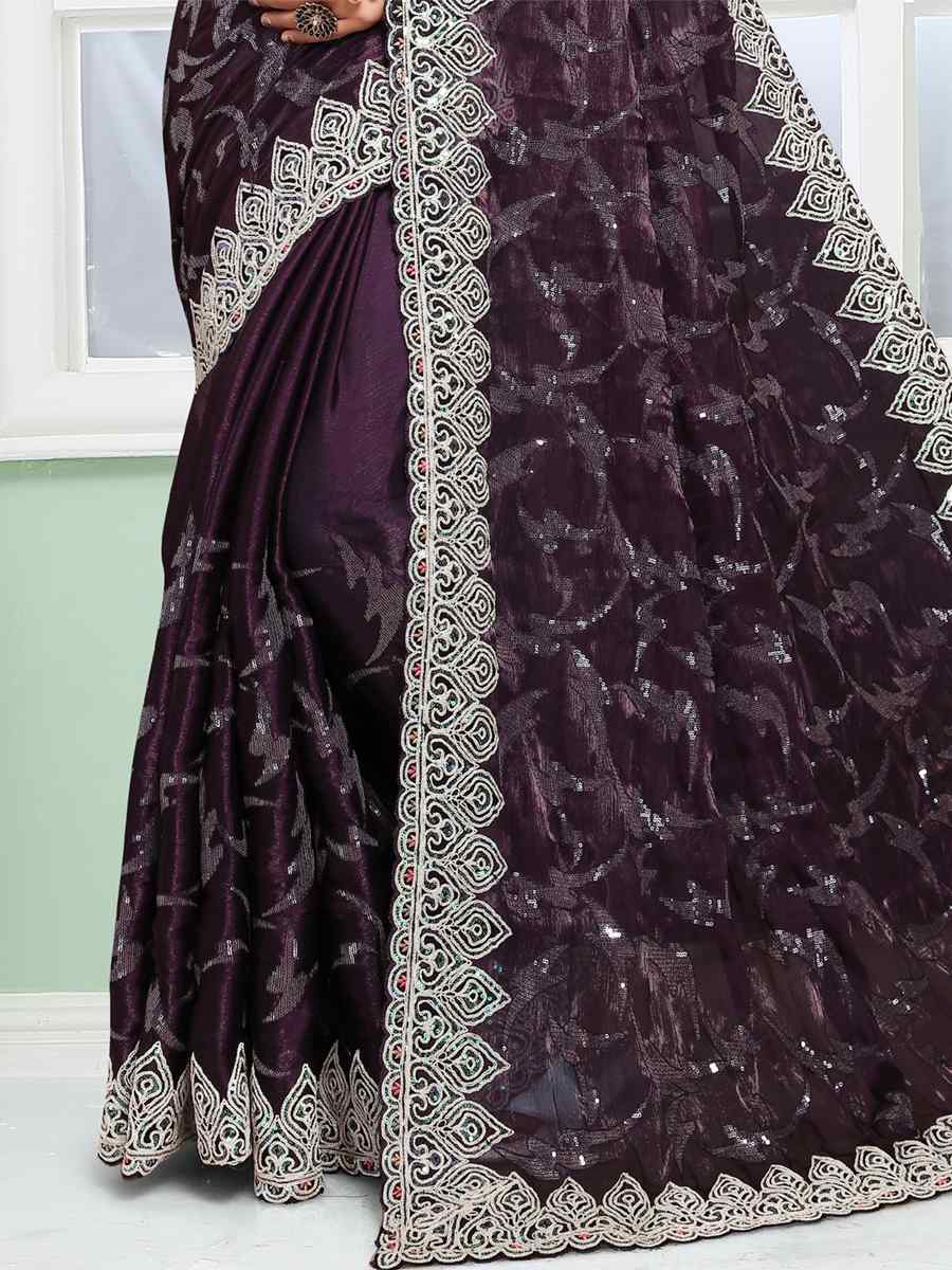 Purple Jimmy Choo Silk Embroidery Party Reception Heavy Border Saree