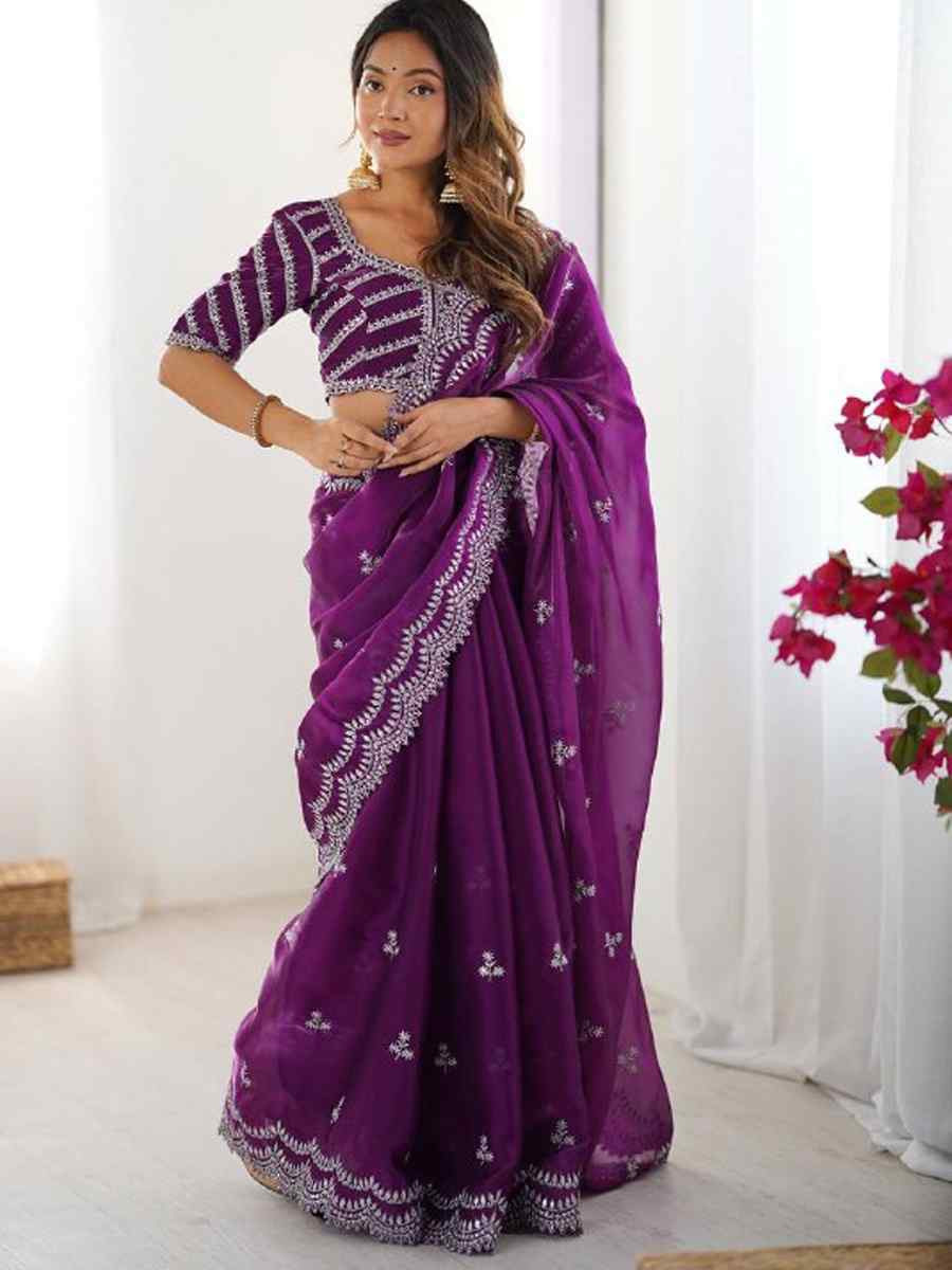 Purple Jimmy Chu Embroidered Festival Wedding Fancy Heavy Border Saree