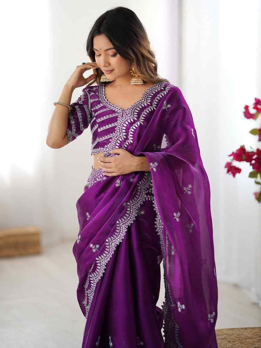 Purple Jimmy Chu Embroidered Festival Wedding Fancy Heavy Border Saree