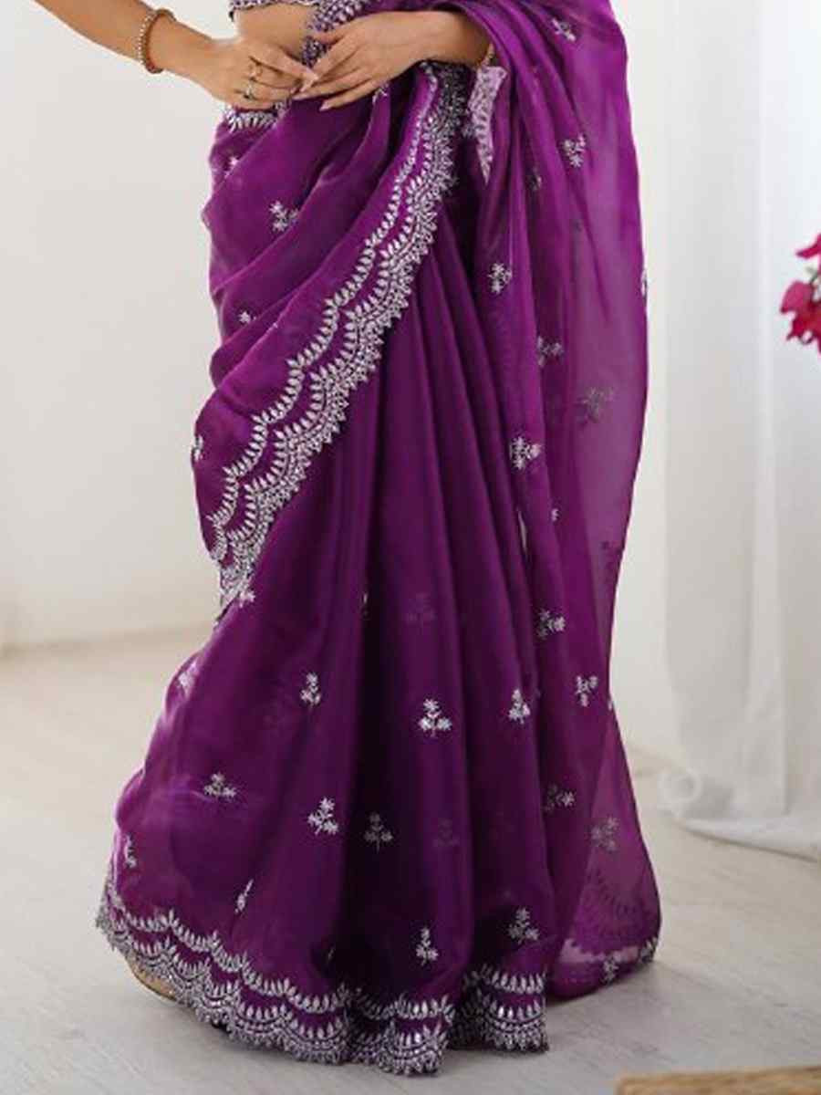 Purple Jimmy Chu Embroidered Festival Wedding Fancy Heavy Border Saree