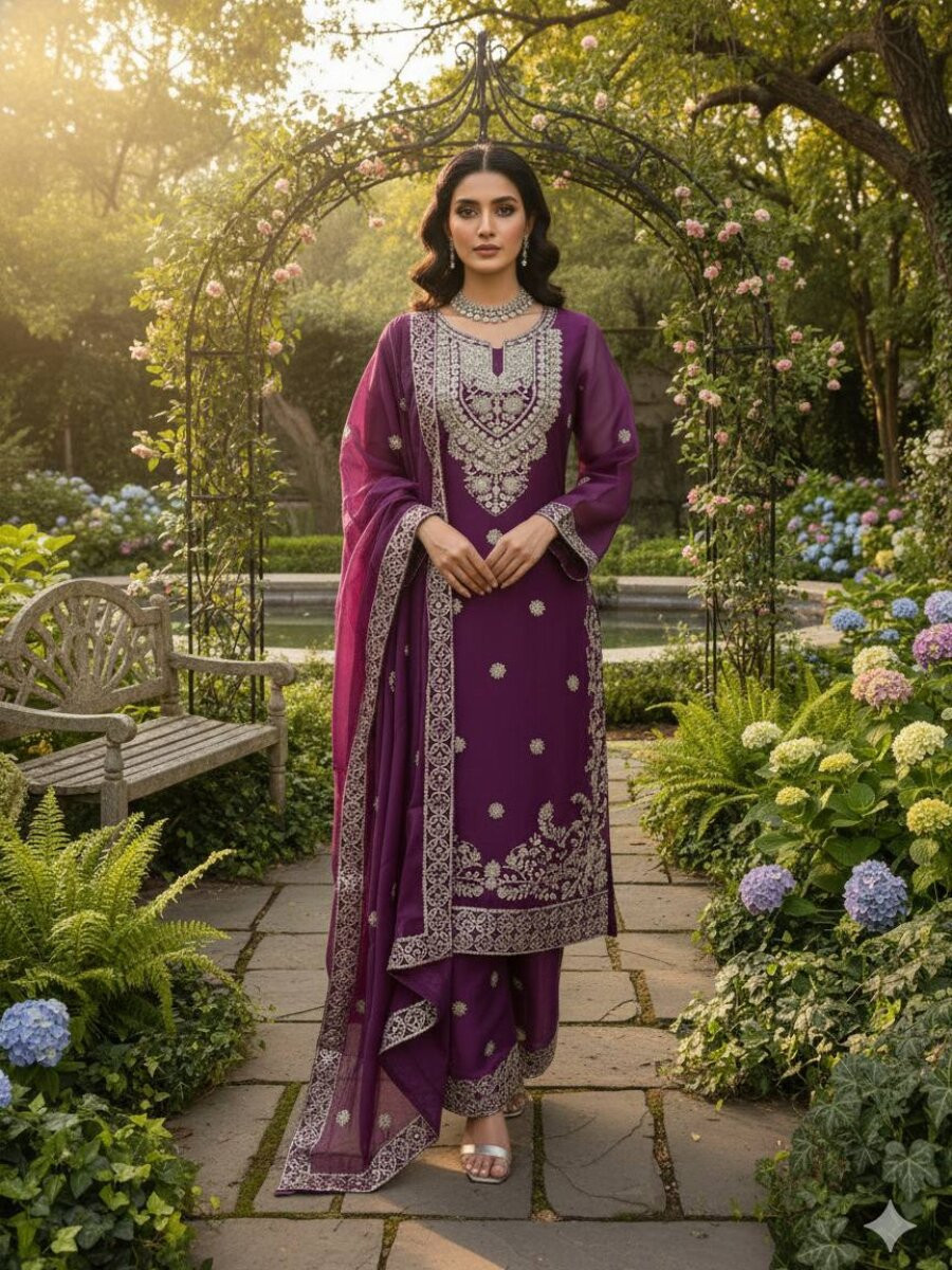 Purple JMC Silk Embroidery Floral Zari Wedding Party Festival Ready Palazzo Pant Salwar Kameez