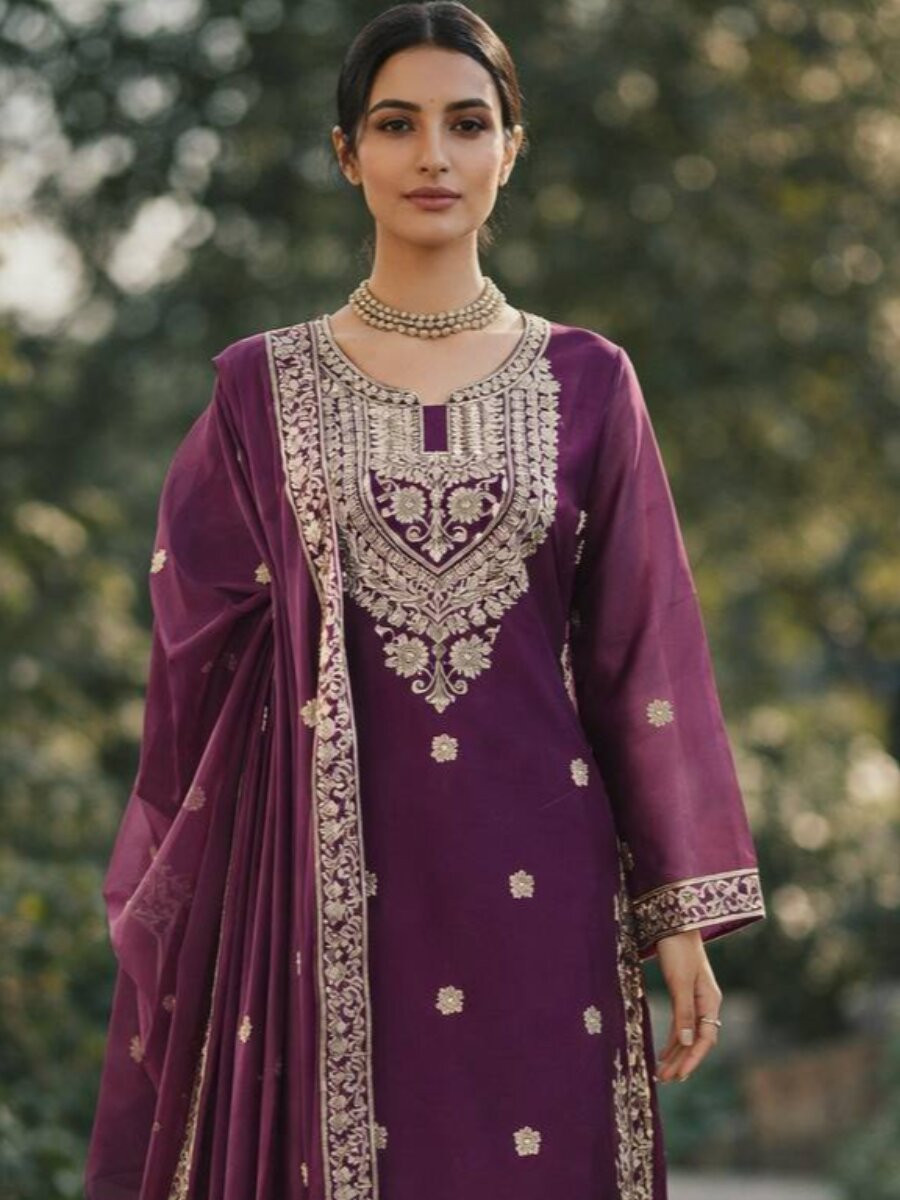 Purple JMC Silk Embroidery Floral Zari Wedding Party Festival Ready Palazzo Pant Salwar Kameez