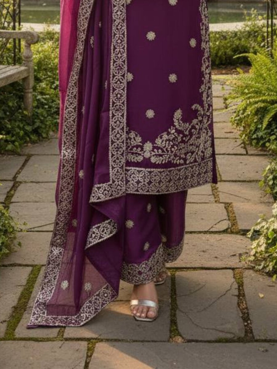 Purple JMC Silk Embroidery Floral Zari Wedding Party Festival Ready Palazzo Pant Salwar Kameez