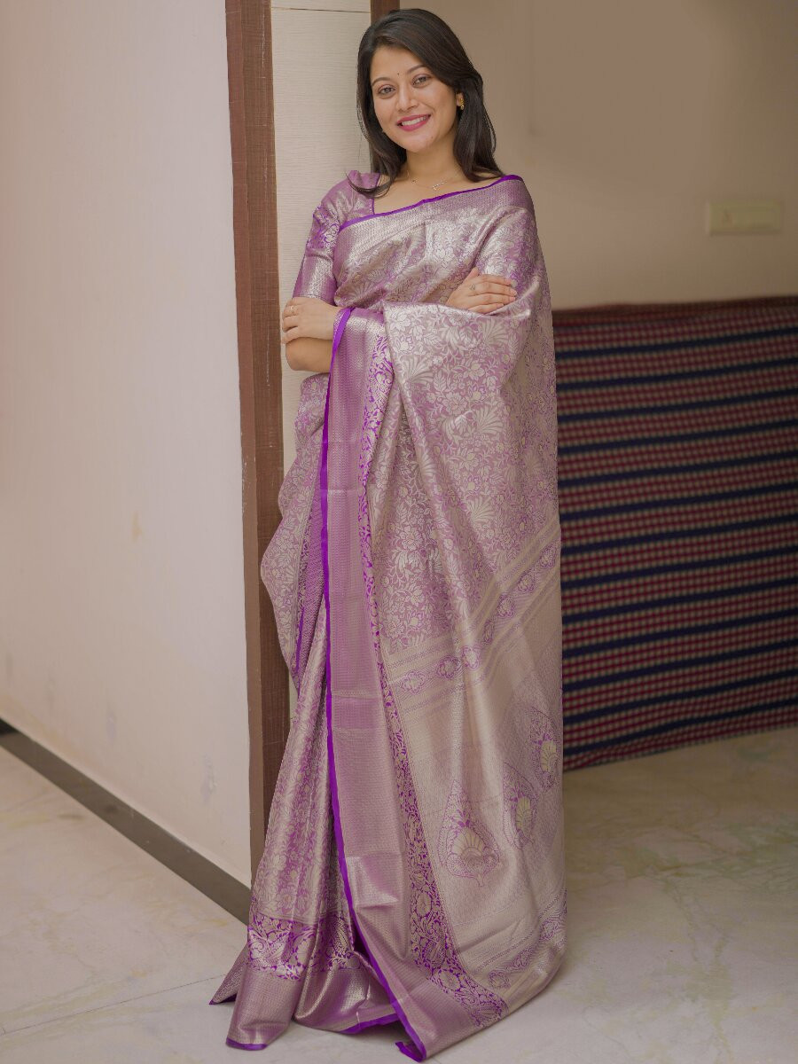 Purple Kanchipuram Silk Zari Weaving Wedding Reception Party Festival Casual Heavy Border Sarees