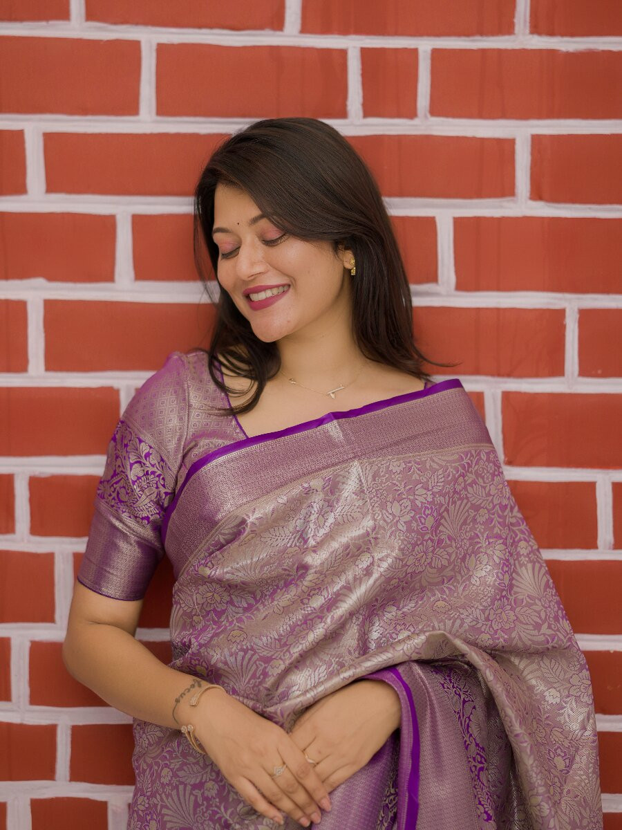 Purple Kanchipuram Silk Zari Weaving Wedding Reception Party Festival Casual Heavy Border Sarees
