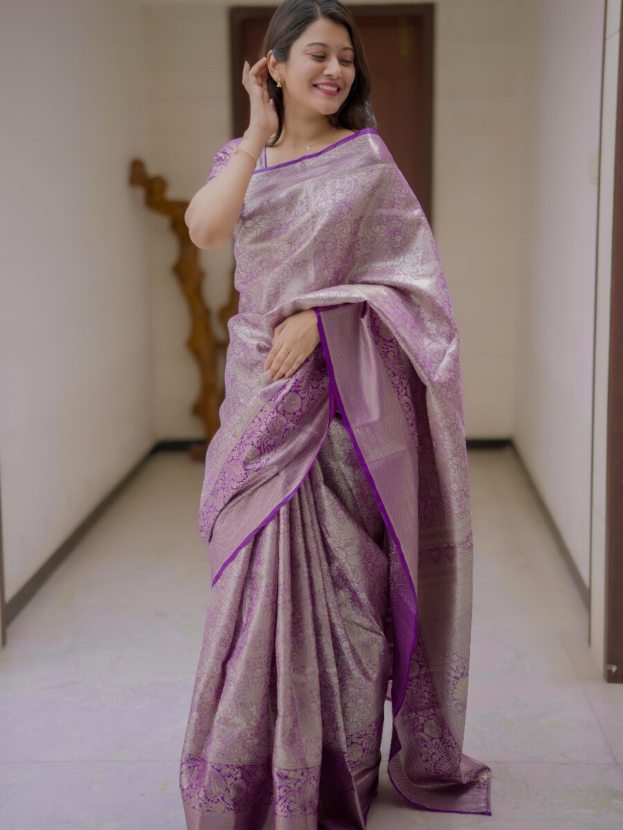 Purple Kanchipuram Silk Zari Weaving Wedding Reception Party Festival Casual Heavy Border Sarees