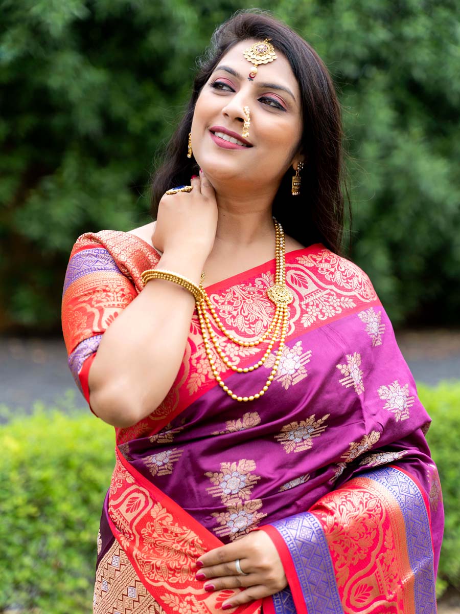 Purple Kanchipuram Weaving Silk Handwoven Wedding Festival Heavy Border Saree