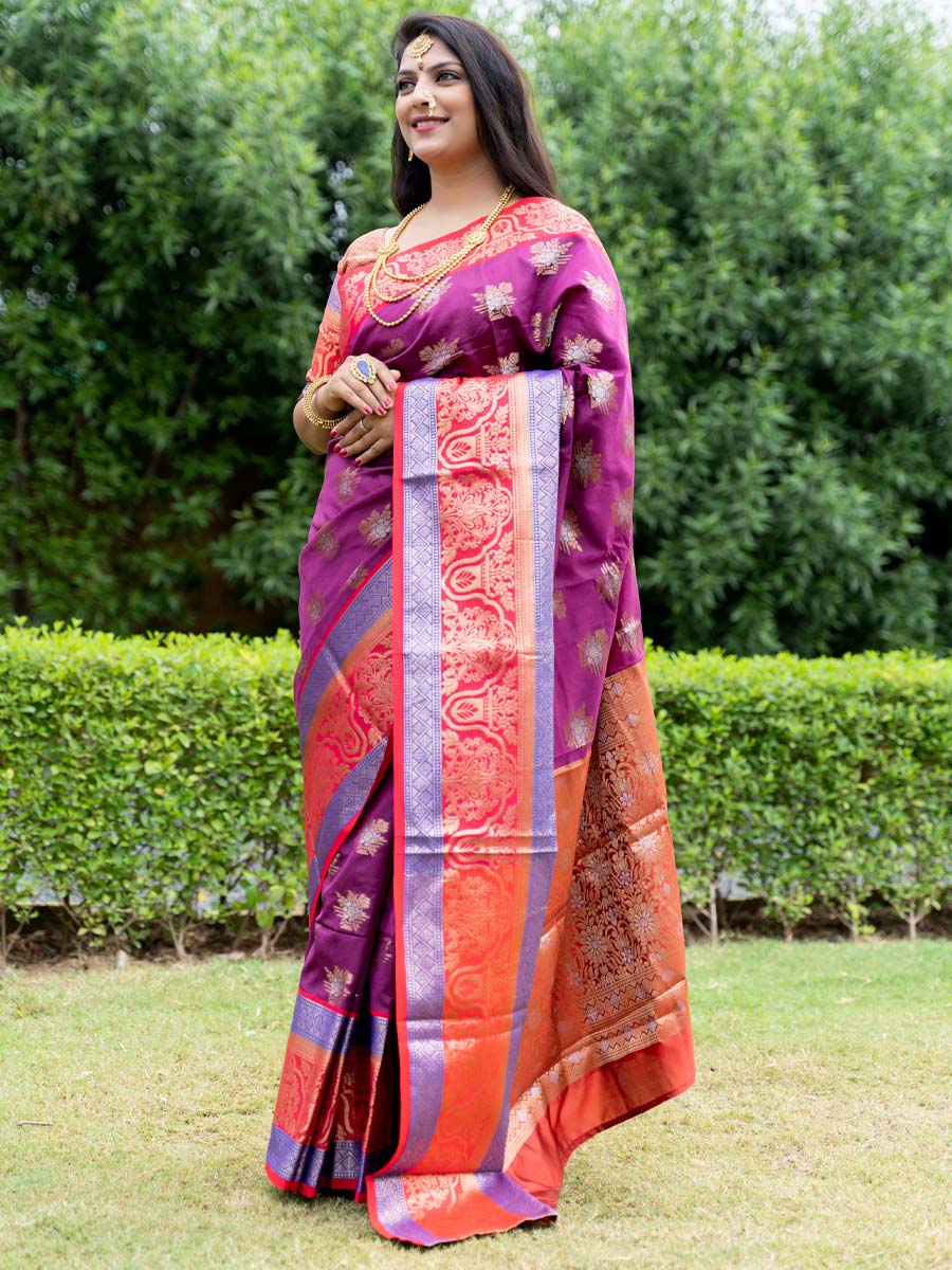 Purple Kanchipuram Weaving Silk Handwoven Wedding Festival Heavy Border Saree