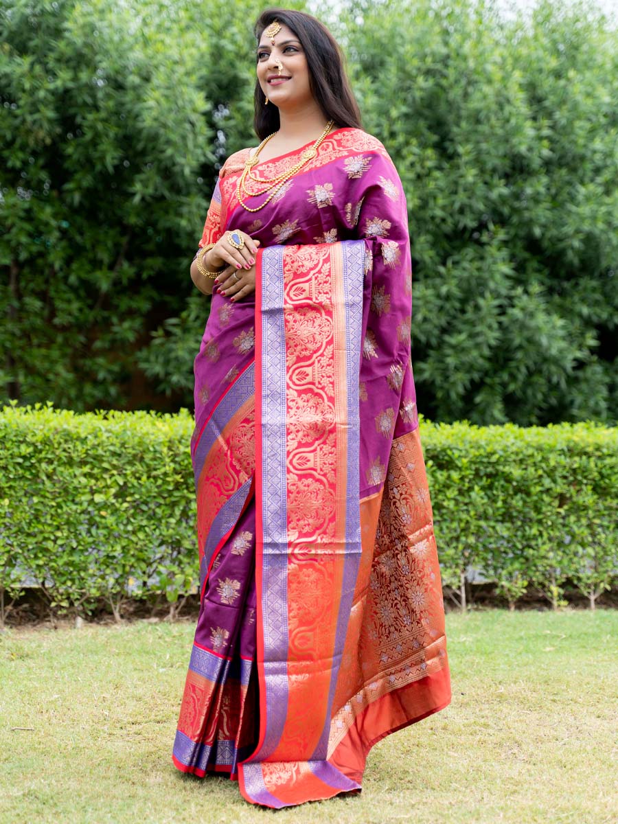 Purple Kanchipuram Weaving Silk Handwoven Wedding Festival Heavy Border Saree