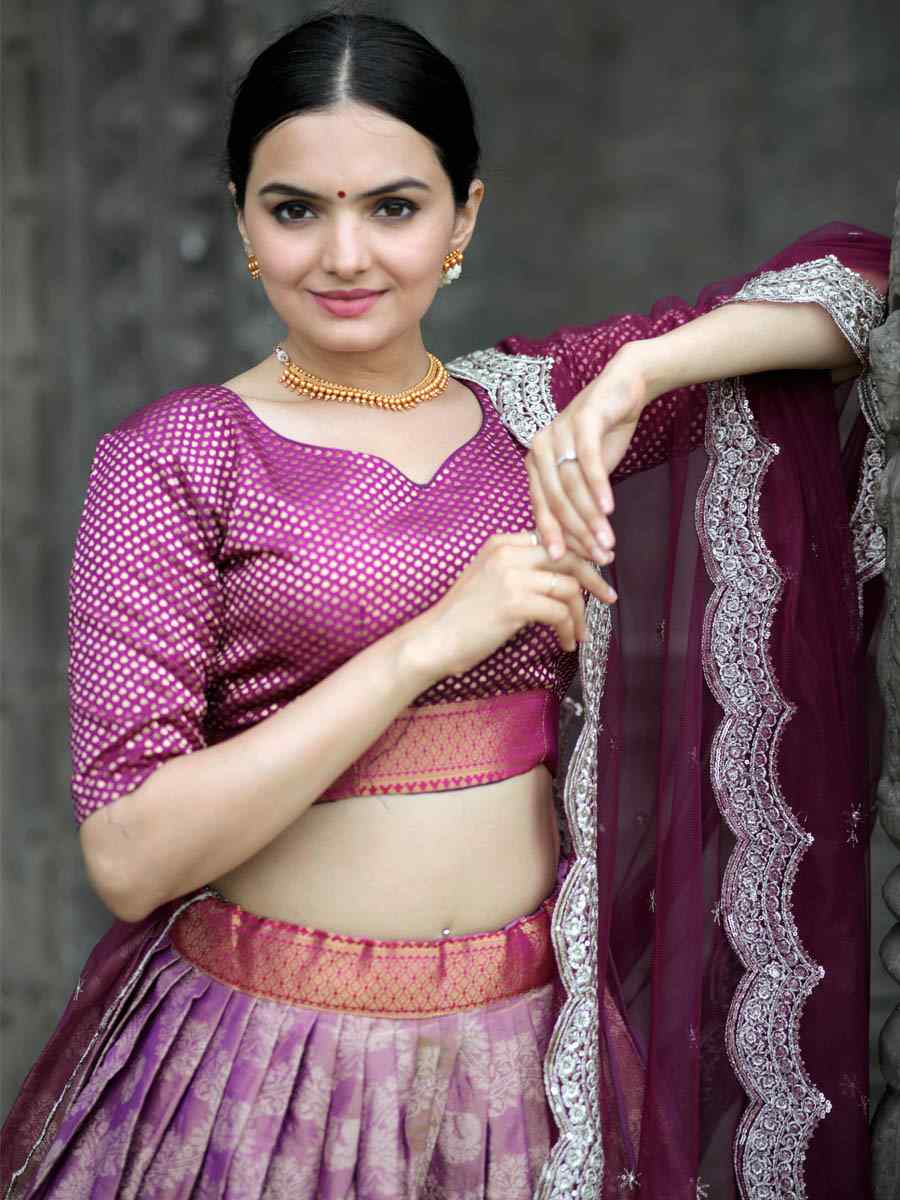 Purple Kanjivaram Pattu Silk Embroidered Mehendi Festival Traditional Lehenga Choli