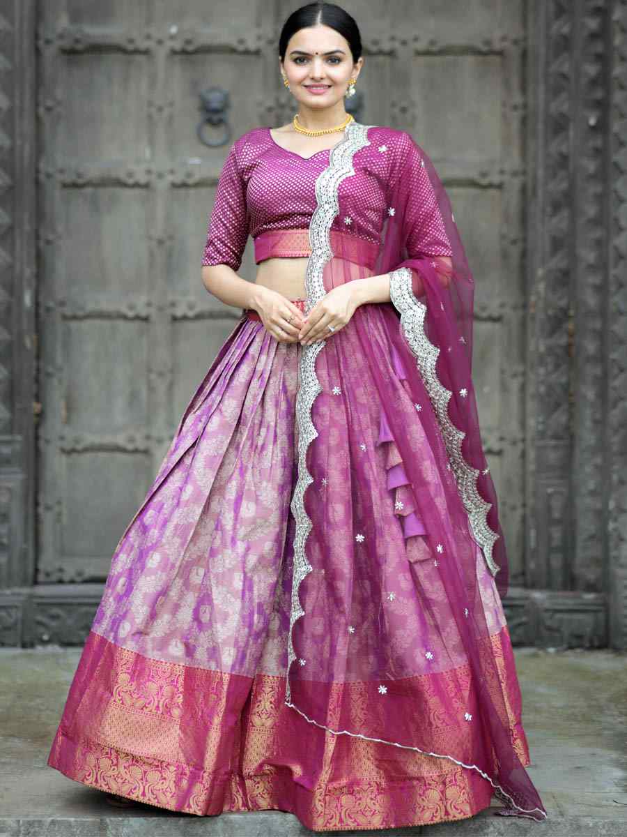 Purple Kanjivaram Pattu Silk Embroidered Mehendi Festival Traditional Lehenga Choli