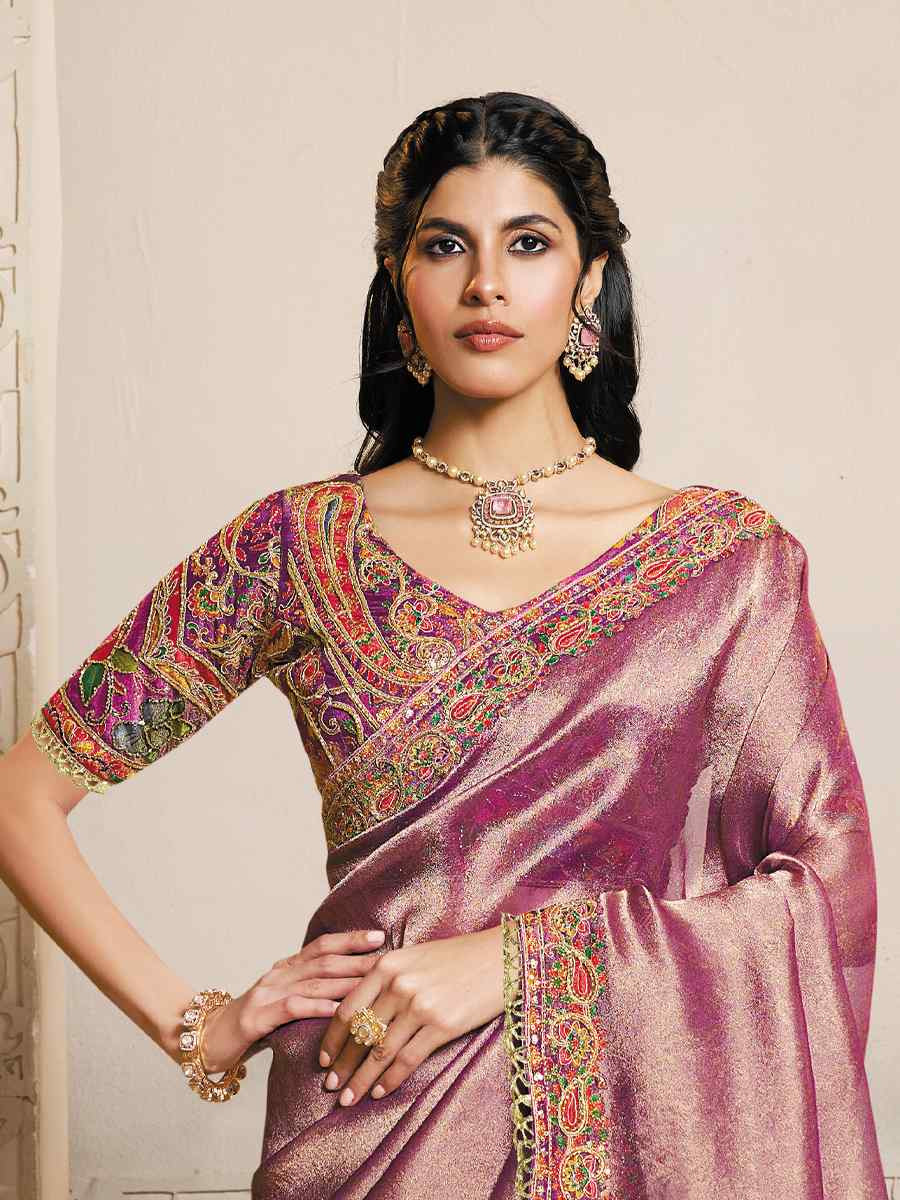 Purple Kanjivaram Self Jaquard Silk Embroidery Traditional Bridal Reception Festival Wedding Fancy Heavy Border Saree