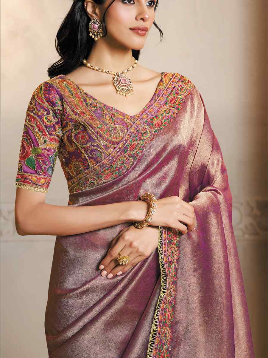 Purple Kanjivaram Self Jaquard Silk Embroidery Traditional Bridal Reception Festival Wedding Fancy Heavy Border Saree