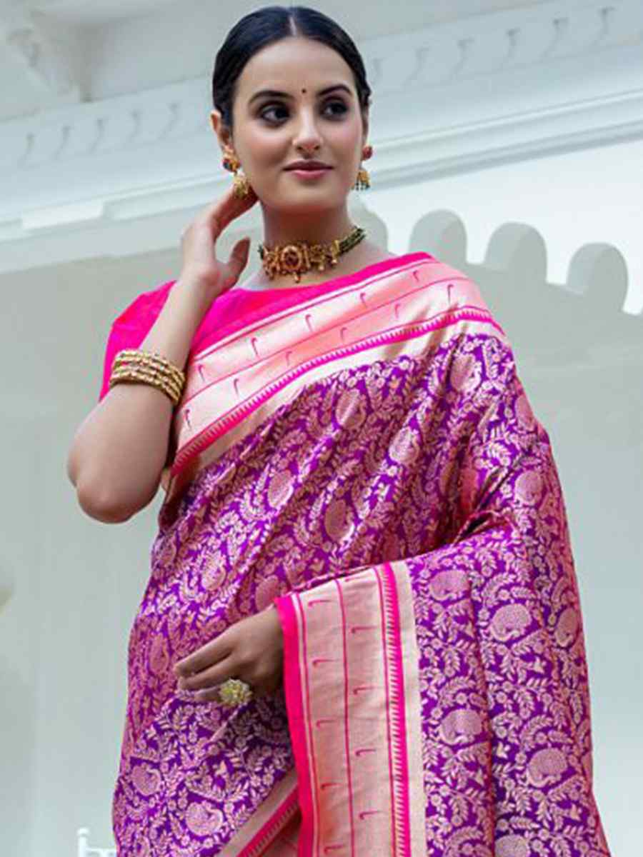 Purple Kanjivaram Silk Handwoven Wedding Festival Heavy Border Saree