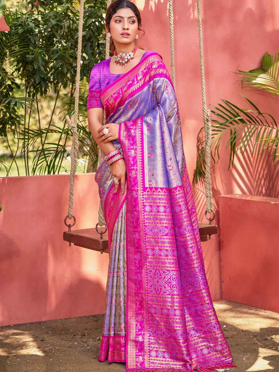 Purple Kanjivaram Silk Printed Handwoven Festival Wedding Fancy Heavy Border Saree